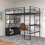 DHP Lanis Metal Storage Loft Bed with Desk, Shelves, Cabinet and USB Port, Twin, Black
