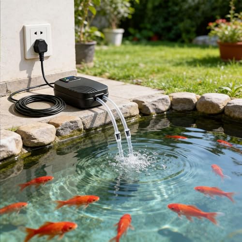 Biling Pond Air Pump 40dB Ultra Quiet Pond Aerator Oxygenator with UK Plug 5000mAh Battery Complete Aeration Kit for Garden Pond Aquarium Winterproof Outdoor Use with 3 Air Stones 2 Check Valves