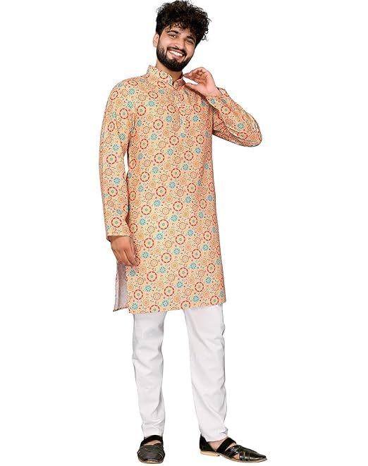 Image of LookMark Men's Cotton Blend Printed Long Kurta Suitable for All Indian Wedding, Occasions, and Festivals