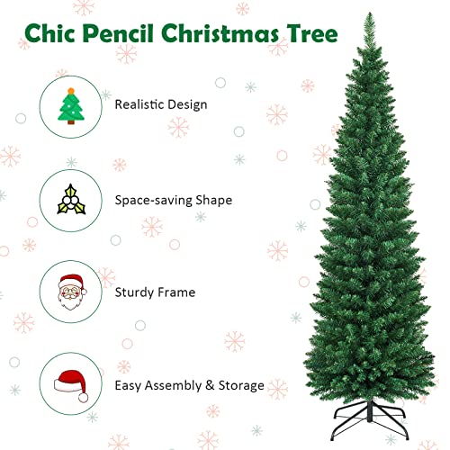 COSTWAY-6FT-Pencil-Christmas-Tree-Slim-Skinny-Hinged-Pine-Tree-with-PVC-Material-400-Branch-Tips-Solid-Metal-Legs-Unlit-Artificial-Xmas-Tree-for-Home-Holiday-Hotels-Outdoor-Decoration-Green COSTWAY 6FT Pencil Christmas Tree Slim Skinny Hinged Pine Tree with PVC Material 400 Branch Tips Solid Metal Legs Unlit Artificial Xmas Tree for Home Holiday Hotels Outdoor Decoration Green