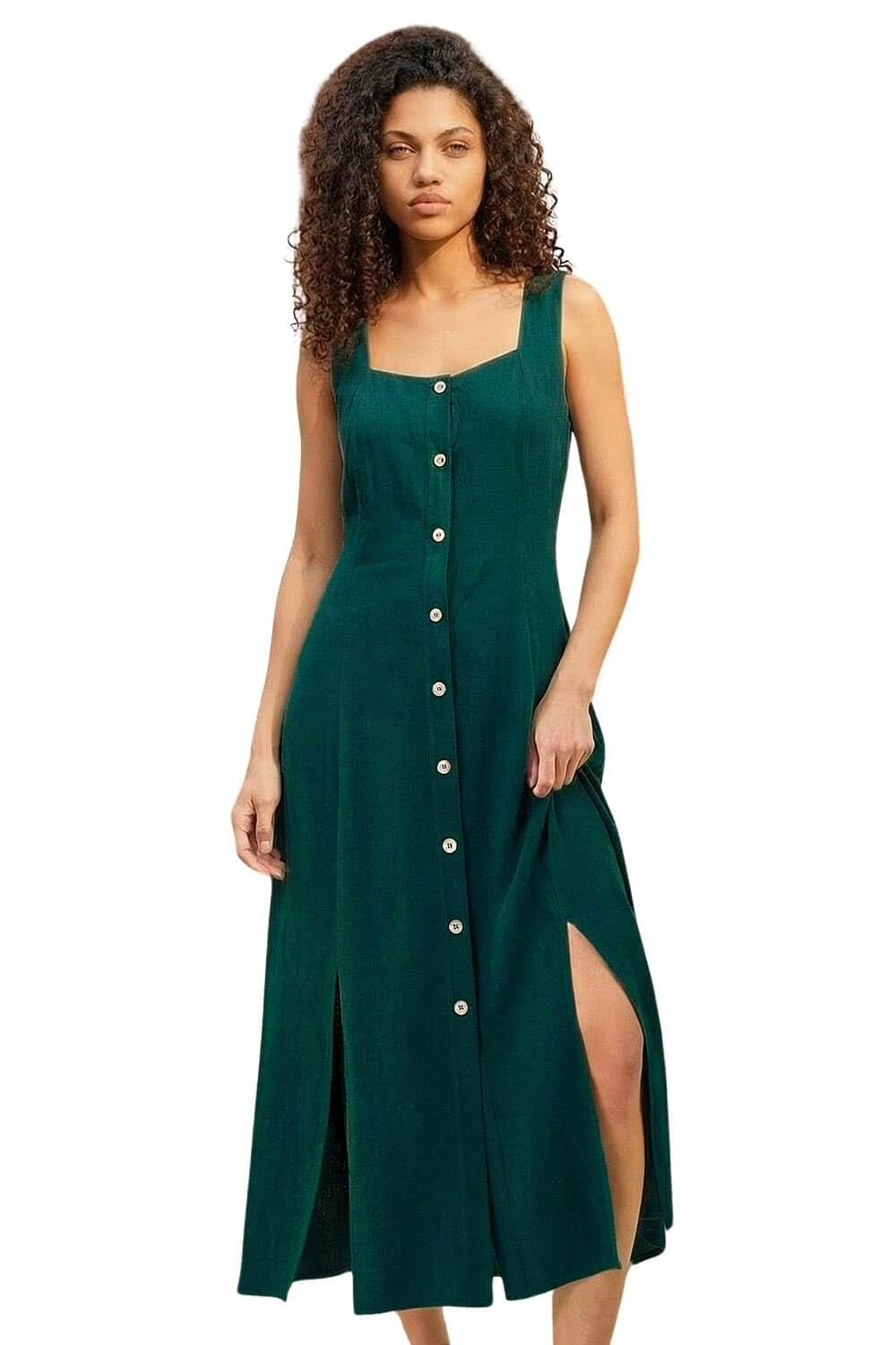 Roman Women's Petite Square Neck Buttoned Midi Dress in Dark Green | Size: 14