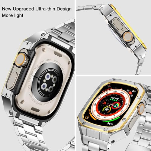 Image of BAITEYOU Stainless Steel Watch Band with Case Compatible with Apple Watch Ultra 3 2 1 band (49mm), Rugged Strap with Metal Protective Bumper Cover for iWatch Bands Men (Silver /Gold)