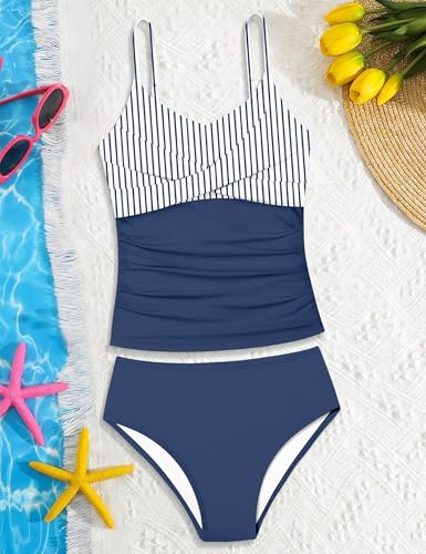 Image of Girls Swimsuit 2 Piece Bathing Suit Criss Cross Ruched Girl Tankini Sets Printed Girls' Swimwear for 9-18 Years