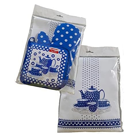 Taste of Poland Polish Pottery Oven Mitt, Pot Holder & Kitchen Towel Set (Blue) Cover