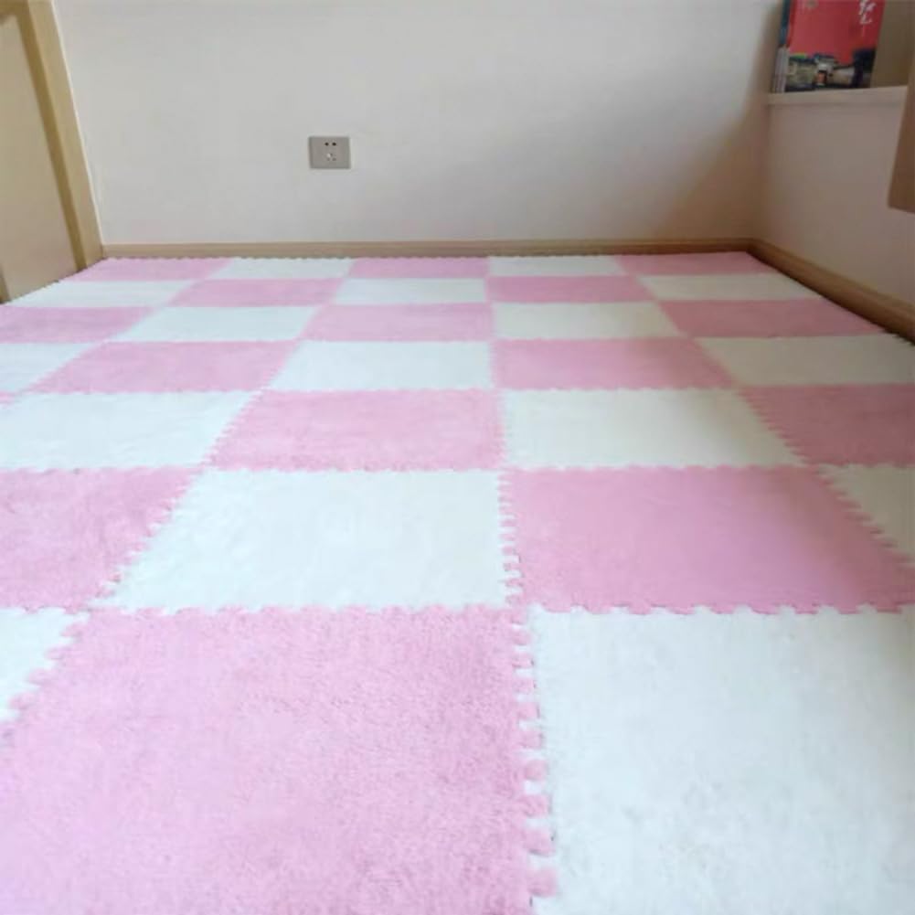 10 Tiles Interlocking Puzzle Play Mat 30x30x1cm EVA Foam Floor Mats,Fluffy Area Rug for Living Room Bedroom,Non-Slip Protective Floor Carpet (White Pink)