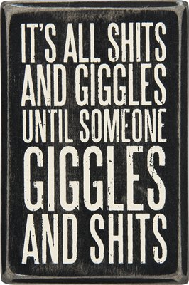 Primitives by Kathy 3" x 4.5" Wood Box Sign - "It's All Shits and Giggles Until Someone Giggles and Shits"
