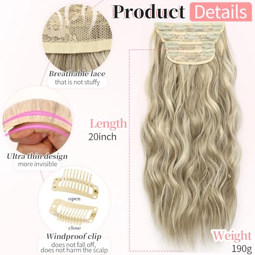 Image of Wavy Clip in Hair Extensions 20 inch Ashy Beige Blonde Balayage | 4 Pieces Clip in Extensions,Fiber Double Weft Hairpieces,Natural Volume,Beach Wave Long Synthetic Hairpieces for Women