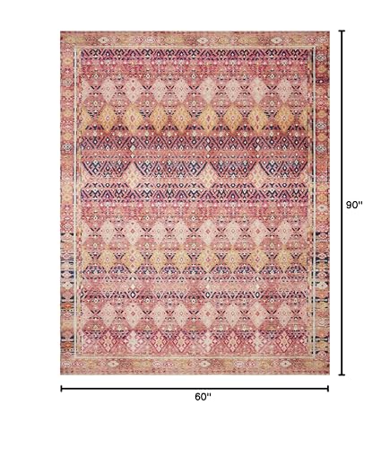 Loloi Layla Collection LAY-15 Magenta/Multi 5'-0" x 7'-6" .13" Thick Area Rug, Soft, Durable, Vintage Inspired, Distressed, Low Pile, Non-Shedding, Easy Clean, Printed, Living Room Rug