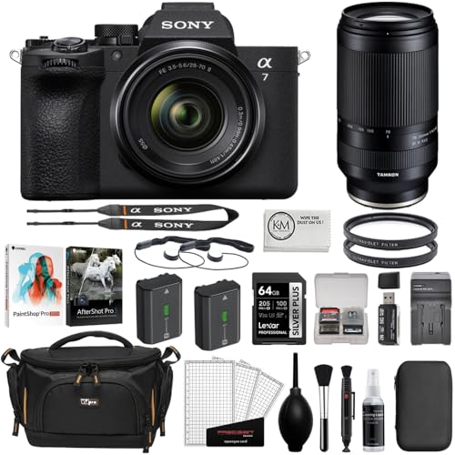 Sony a7 V Mirrorless Camera with 28-70mm II Lens Bundle with Tamron 70-300mm F/4.5-6.3 Di III RXD Lens + UV Filters + 64GB Card + Card Reader + Cleaning Kit + Camera Bag + Cleaning Cloth (14 Items)