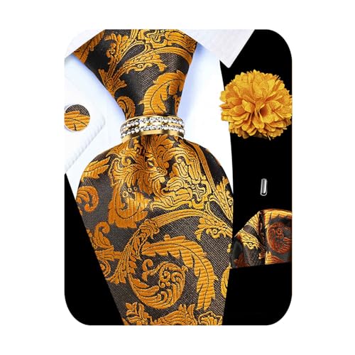 Image of 5PCS Tie and Pocket Square for Men, Silk Necktie and Handkerchief Cufflinks with Gold Ring and Lapel Pin Set