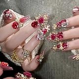 MISUD Press on Nails - Long Coffin Glue on Nails, Acrylic Handmade Luxury Red Rhinestone Design 24 pcs