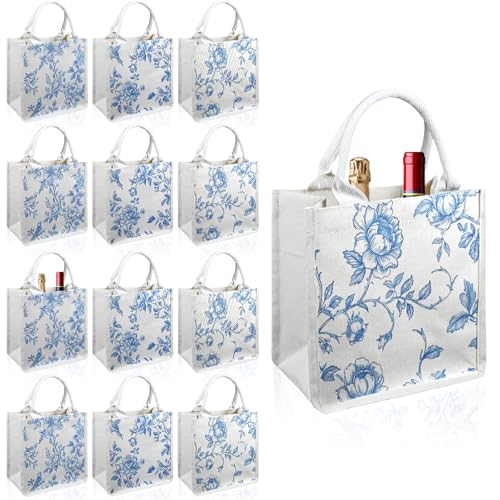 Bolsa tote de arpillera floral azul y blanca con asas miniatura 1