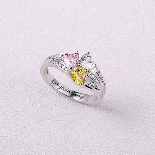 AILIN Custom Heart Birthstone Rings 925 Sterling Silver/Brass Personalized 3 Kids Couple Names Mothers Day Birthday Gifts For Women Mom Grandma2