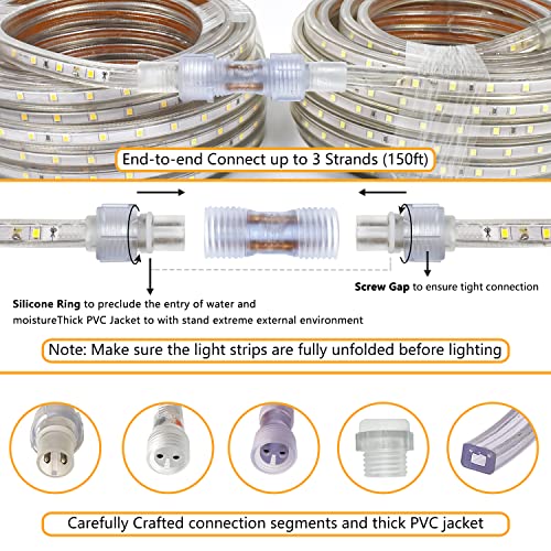 Ybmin Led Rope Light Outdoor Waterproof Halloween 110V Warm 50Ft Bright Cutable Lighting - Connectable Flexible Plug Clear Flat Lamp Tube - Indoor Garden Deck Patio Christmas Camping Holiday Decor #TOP3