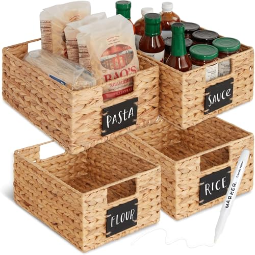 KAPEICamper Wicker Storage Baskets for Organizing Rectangular Wicker Shelf Storage Box with Handles Natural Water Hyacinth Decorative Hand Woven Baskets for Storage Pantry Shelf Closet Set of 4