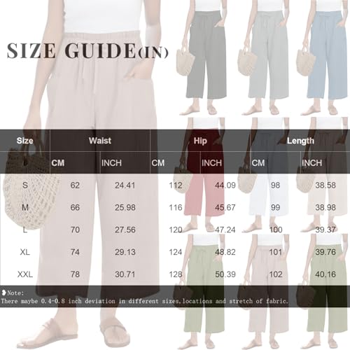 Cropped Linen Pants Women Summer Elastic Waist Wide Leg Crop Pants Casual Drawstring Lightweight Baggy Beach Trousers3