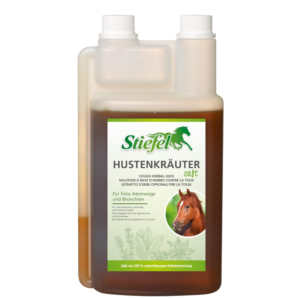 Stiefel Hustenkräutersaft für Pferde, aus einer 100% naturbelassenen Kräutermischung, kann die Atemwege und Bronchien unterstützen, flüssig mit Dosierflasche, 1l