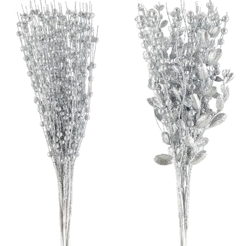 CristBest 24-Pack Christmas Tree Picks Ornaments, Artificial Glitter Berry Stem Glittery Twigs Ornaments for Christmas Tree Decorations, Small Vase, Holiday, Wedding, Party Decorations (Silver) - image 1