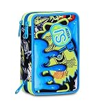 SJ GANG STYLE JAM GANG Astuccio Scuola 3 zip SOFT POUCH BOY, Blu, Triplo Scomparto, 45 pezzi, Portapenne Attrezzato, Completo di matite, penne e colori, Accessori Zaino, Scuola elementare, Bambino