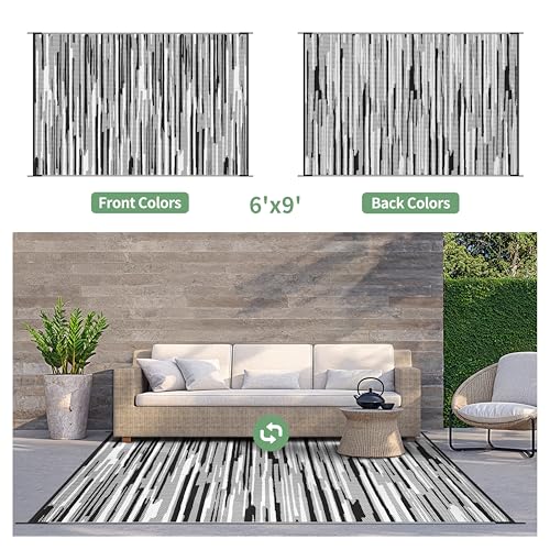 Image of GENIMO Outdoor Rug for Patio Clearance, 6'x9' Waterproof Camping Mat, Reversible Plastic Straw Rugs for RV, Camper, Balcony, Backyard, Picnic, Deck (Black White)