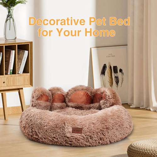 PETART Hundebett Bärenpfoten – Gemütliches Rundes Katzenbett für kleine bis mittelgroße Hunde und Katzen, Weiches Flauschiges Kunstfell-Hundebett (Khaki, XS-50cm)