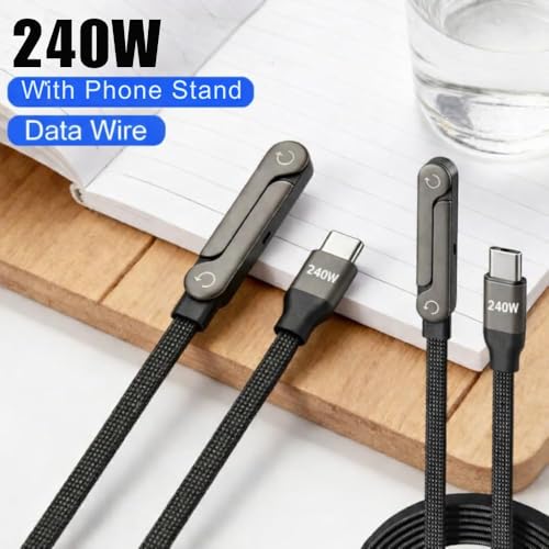 Image of 240W USB Type C to Type C Fast Charging Cable with Foldable Phone Stand, 90 Degree Elbow Nylon Braided Data Cable, 480 Mbps USB C Charger Cord for Gaming, Tablets, Smartphones and Laptops