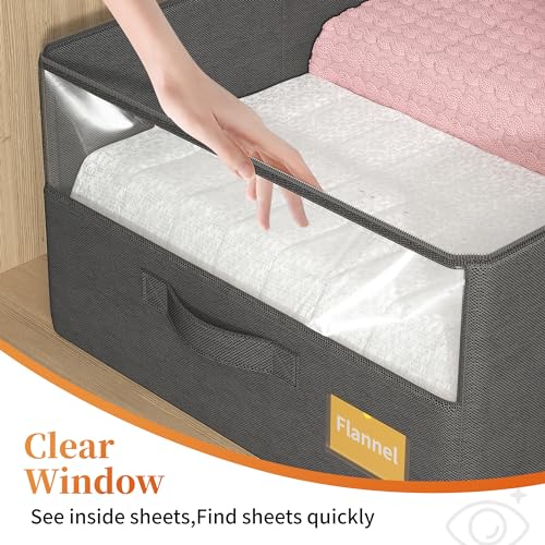 EnHomee 4-Pack Foldable Bed Sheet Organizers with Window and Label for XL Sizes (Queen & King) - Grey