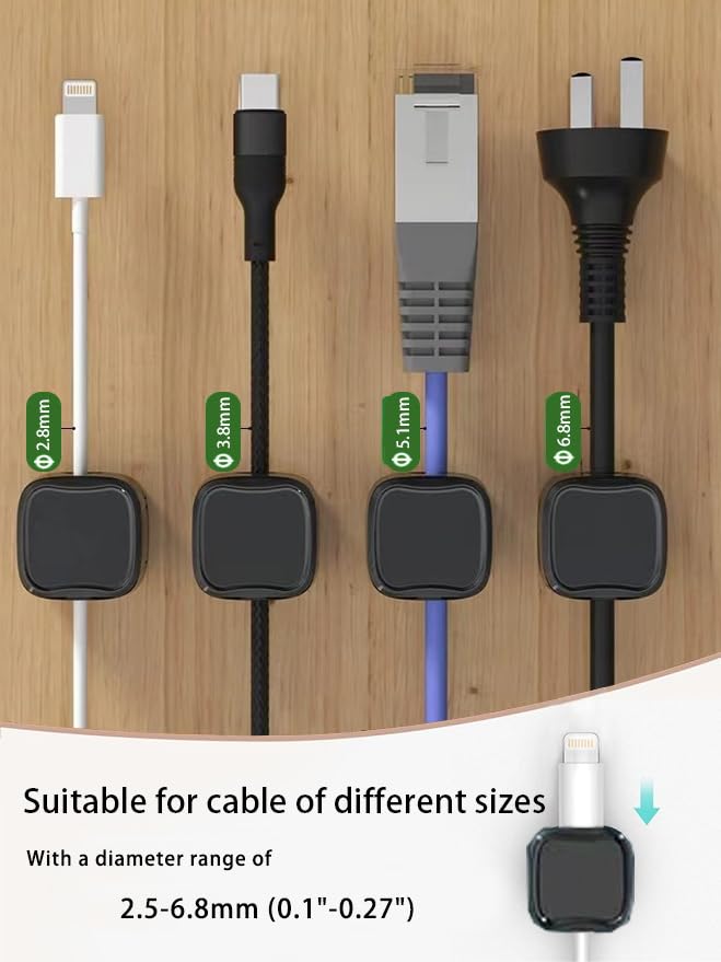 Set de gestión de cables bajo escritorio: 6 clips magnéticos adhesivos para cables y 6 ataduras de silicona para cables, organizador para cables de carga para hogar, oficina, auto y escritorio miniatura 2