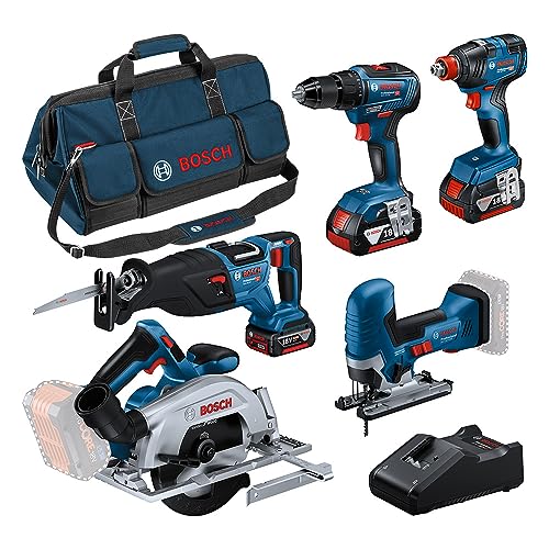 Bosch Professional 18V System Combo Kit: GSR 18V-55 + GST 18V-125 S + GKS 18V-57-2 + GSA 18V-28 + GDX 18V-200 (inkl. 3x 4.0Ah Akku, Schnellladegerät GAL 18V-40, Werkzeugtasche)