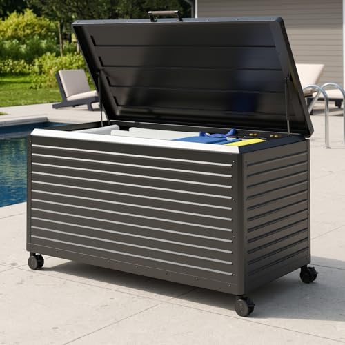 Image of MIRADOR 175 Gallon Outdoor Storage Box with Wheels & Soft-Close Lid, Waterproof Metal Deck Box for Patio Cushions, Garden Tools & Pool Accessories, Charcoal