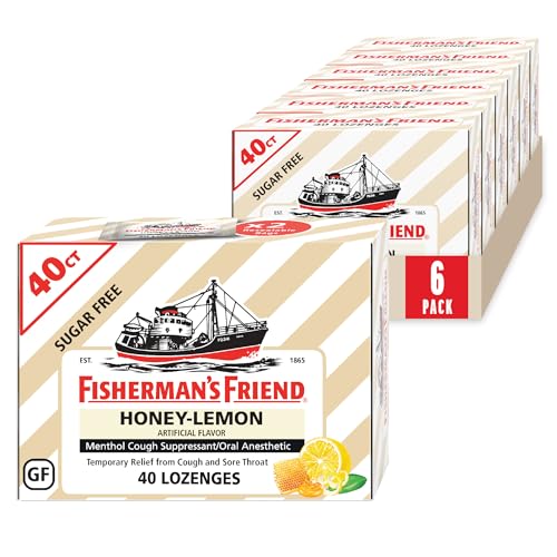 Fisherman's Friend Cough Drops, Cough Suppressant and Sore Throat Lozenges, Sugar Free Honey-Lemon, 5.52mg Menthol, 240 Drops (6 Packs of 40)