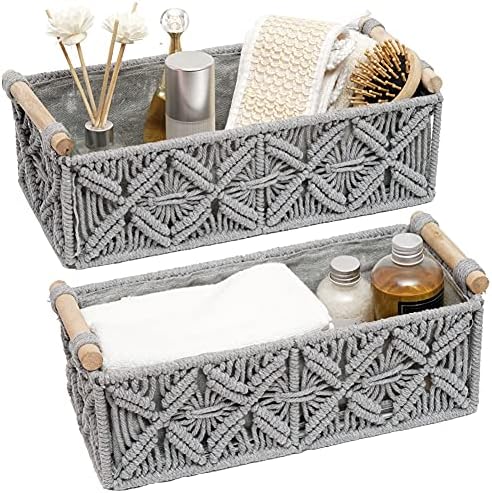 Macrame Storage Basket Boho Decor Baskets for Organizing Woven Decorative Basket for Countertop Toilet Paper Basket for Toilet Tank Top Shelf Basket with Handle for Bathroom Decor Bedroom Nursery Livingroom Entryway (Set of 2,Grey)