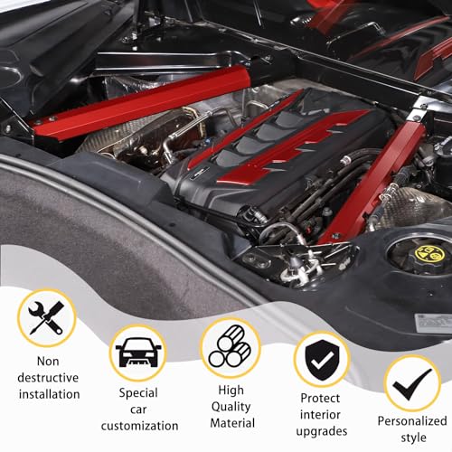 Image of CHEAYAR Engine Bay Panel Cover Compatible with Chevrolet Corvette C8 2020-2023, Engine Shroud Cover Panel Trims, C8 Accessories 2PCS (Engine Rod - Red)