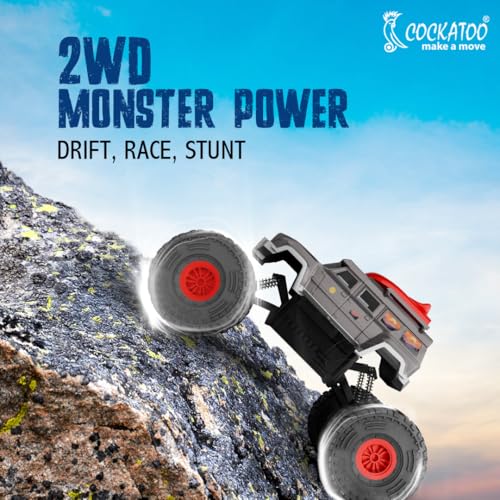 Image of Cockatoo-Kids Trailblazer 2WD Rechargeable Remote Control Car with Remote, Off-Road Monster Truck Toy for Boys Girls, 1200mAh Battery, Nitro Boost, Shock Absorber, BT Speaker, Fast USB Charge, Black