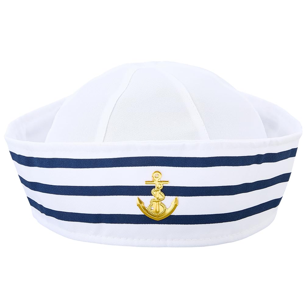 CREATCABIN Sailor Hats Captain Cap with Elastic Polyester Blue with White Sailor Ship Nautical Yacht Caps Costume Accessories for Sailor Women Men Cosplay Dressing Up Yacht Party 19.5x10.6cm