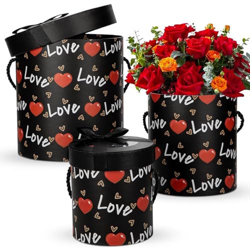 Oairse Set of 3 Round Gift Boxes with Lids and Handles Black Flower Boxes for Arrangements, Decorative Hat Boxes for Gifts, Weddings, Bridesmaid, Valentine’s Day, Party, Birthdays & Storage