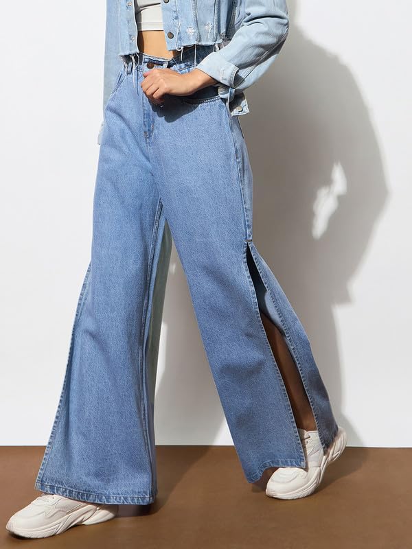 Image of Beige Side Slit Wide Leg Jeans