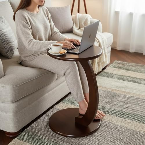 Image of Modern C-Shaped Side Table for Sofa & Bed | Brown Laptop Snack Table | Space-Saving Couch Side End Table for Living Room Bedroom | Portable Coffee Table for Home Office (C Brown)