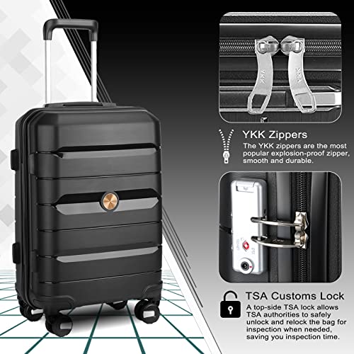 Somago 3 Pieces Luggage Set(14/20/24) PP Lightweight 4 Double 360 Degrees Mute Spinner Wheels Suitcase with TSA Lock & YKK Zipper (Classic Black)4