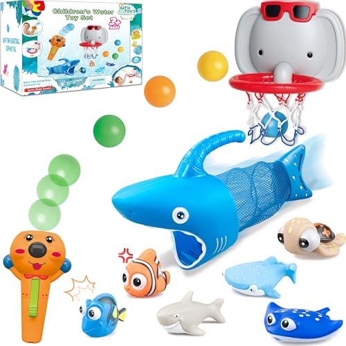 Bath Toy Set with 6 Ocean Animal Toys, Basketball Hoop (with Launcher and 4 Colorful Balls), and Shark Net for Babies and Toddlers