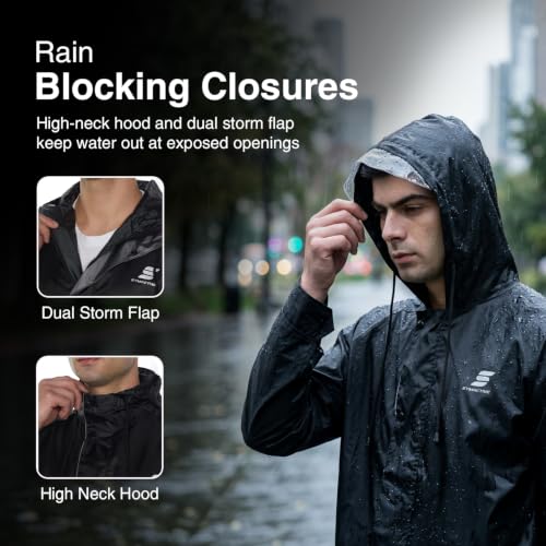 Image of Amazon Brand - Symactive Reversible Raincoat Set with Carry Pouch | Hood Jacket and Pant | Polyester Shell with Heat Sealed PVC Lining | Adjustable Button Cuffs | Plastic Peak Hood | Black, S