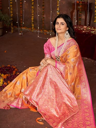 Image of Mehrang Cotton Banarasi Silk Saree for Women With Unstitched Blouse Piece