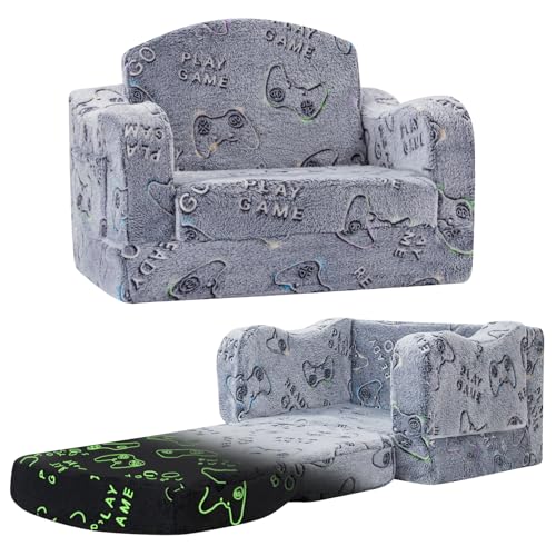 Image of Thick Comfy Toddler Chair and Couch for Kids,2-in-1 Soft Plush Fold Out Sofa for Children,Convertible Couch to Lounger for Toddler