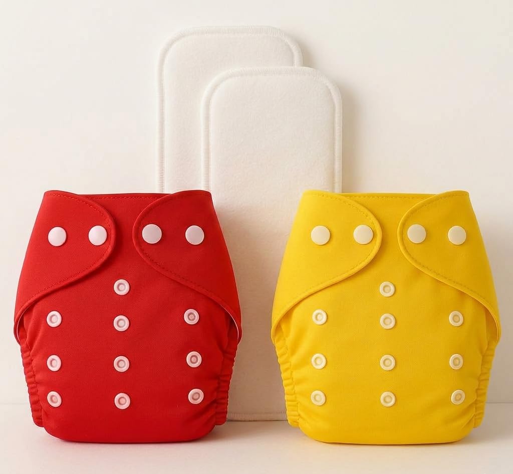Reusable Cloth Baby Diapers | Soft Washable Cotton Nappies For Daily Care | Adjustable Fit Design | Reusable Diaper Set For Home Nursery Travel Use (Red/Yellow)-image-21