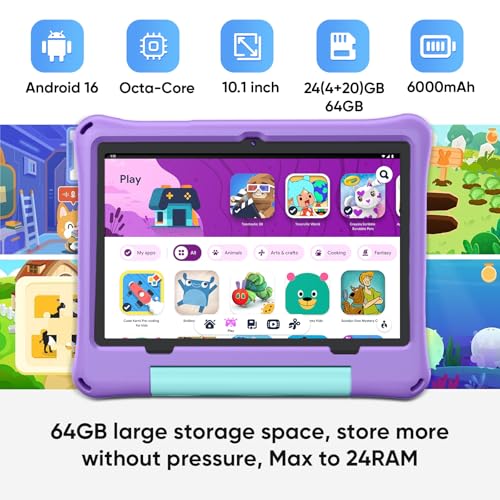 Image of aiprotablet 10 inch Kids Tablet, Android 16 Tablet for Kid, Octa-Core CPU, 24GB RAM, 64GB ROM 1TF Card Expandable for Toddler Children,Tablets with Case, Parental Control, 6000mAh,WiFi, BT5.0 (Purple)