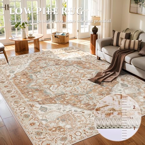 Deerly Large Washable Living Room Rugs 9x12 Boho Vintage Area Rug Indoor Bedroom Carpet with Non Slip Rubber Backing for Under Dining Table Office Farmhouse, Caramel/Beige/Multi