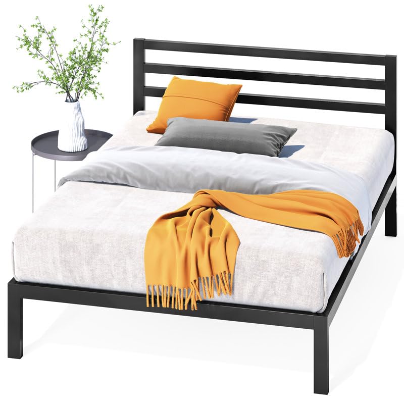 Image of Metal Bed Frame (or Minimalist Platform Bed with Slatted Headboard) Matte Black Metal Frame with Horizontal Slatted Headboard