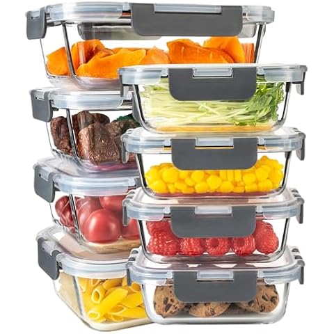 YARYOUNG 16PCS (8 Bowls + 8 Lids) High Borosilicate Glass Meal Prep Containers, Food Storage Containers with Airtight Lids, Glass Lunch Bento Boxes,Dishwasher Safe, grey Cover