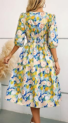 Image of Kormei Women Casual Boho Floral Round Neck 3 /4 Sleeve Smocked Waist Tiered A Line Flowy Swing Midi Dress Long Dresses