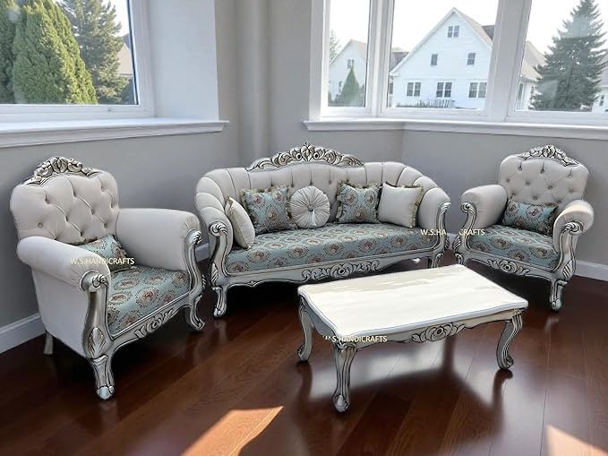 Image of Wooden 5 Seater Sofa Set with CenterTable, Solid Wood Hand-Carved Silver Deco Sofa with Luxury Traditional Furniture for Living Room, Home, Office